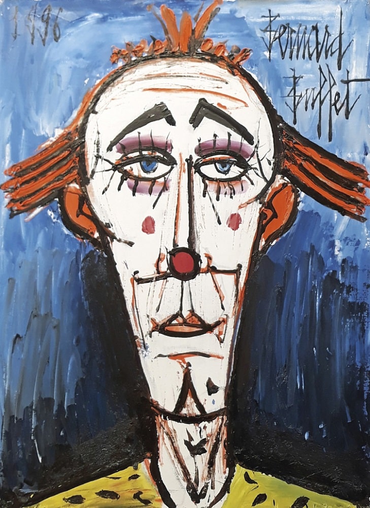 Bernard Buffet, Clown fond bleu, 1996, huile sur toile, 73 x 54 cm.